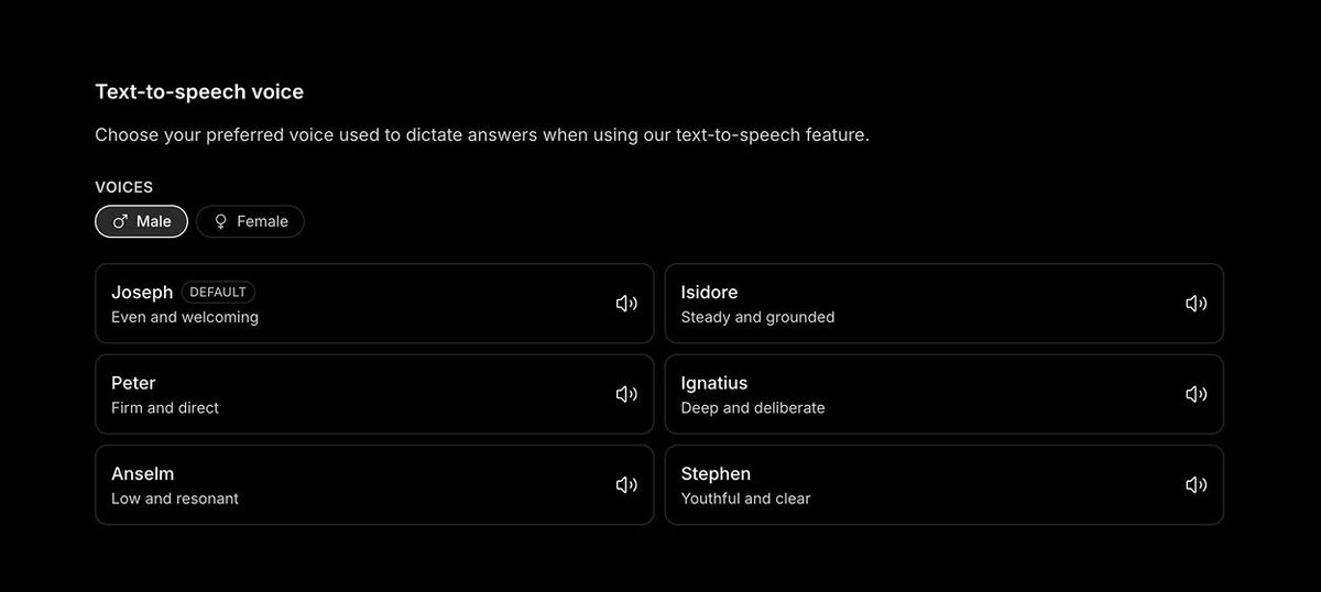 The audiobook voice picker in Magisterium AI