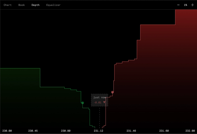 Visual order book showing buy orders in green and sell orders in red.  Chart mapping out liquidity at different price levels.