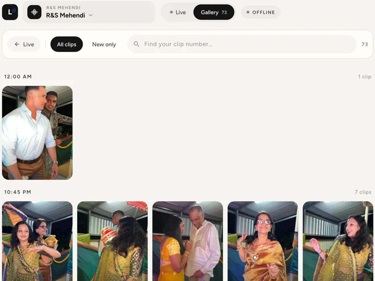 The Share Station gallery, showing clips grouped by time with All clips and New only filters and a search box.