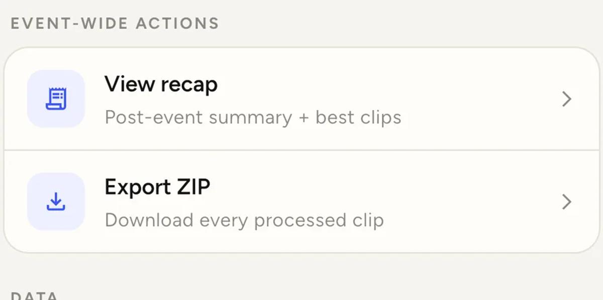 The event-wide actions section, with View recap described as post-event summary plus best clips, and Export ZIP below it.