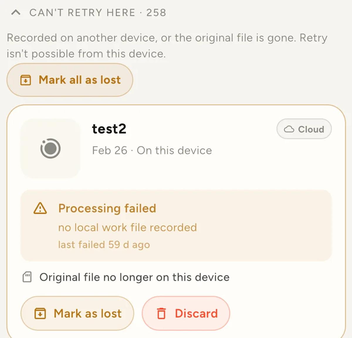 The expanded group explaining "Recorded on another device, or the original file is gone", with a Mark all as lost button and clip cards each offering Mark as lost and Discard.