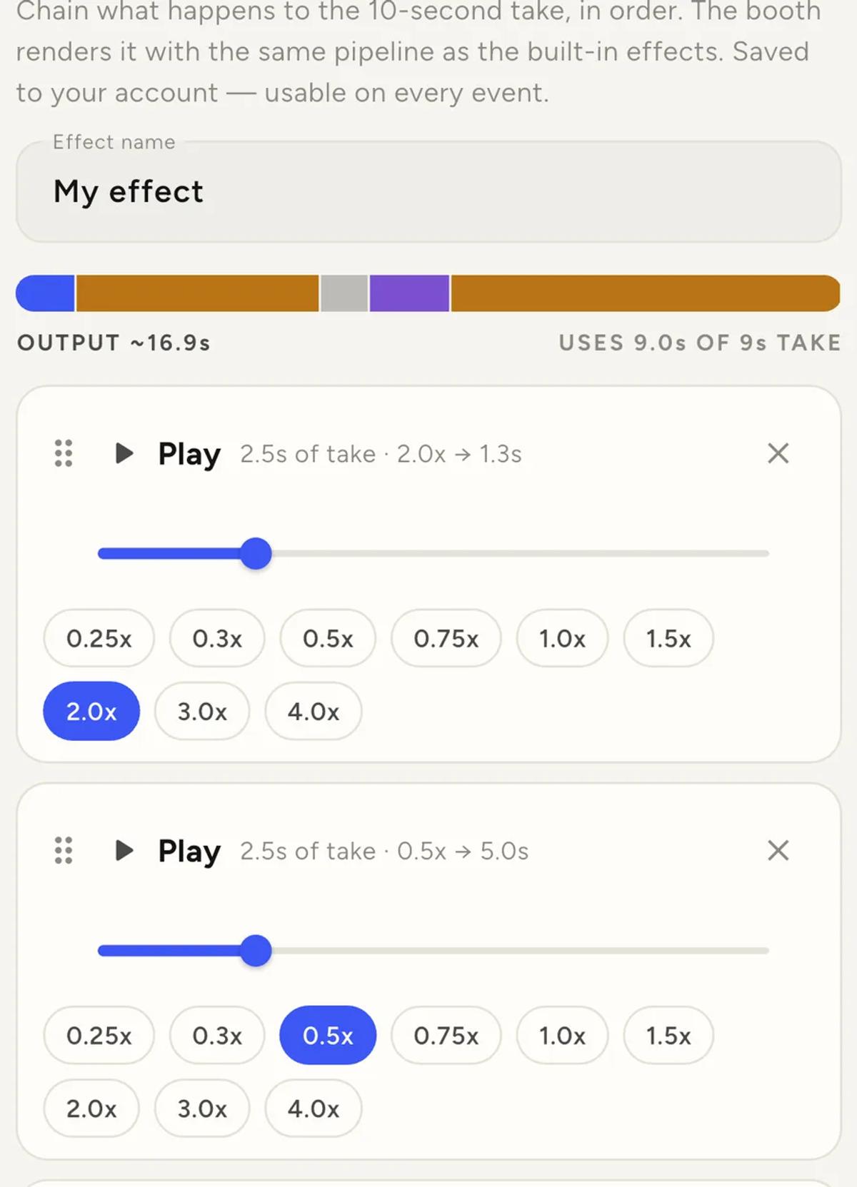 The custom effect builder, showing a name field, a budget bar reading output 16.9 seconds and uses 9 of 9 seconds of take, and phase cards for Play and Freeze with speed chips.