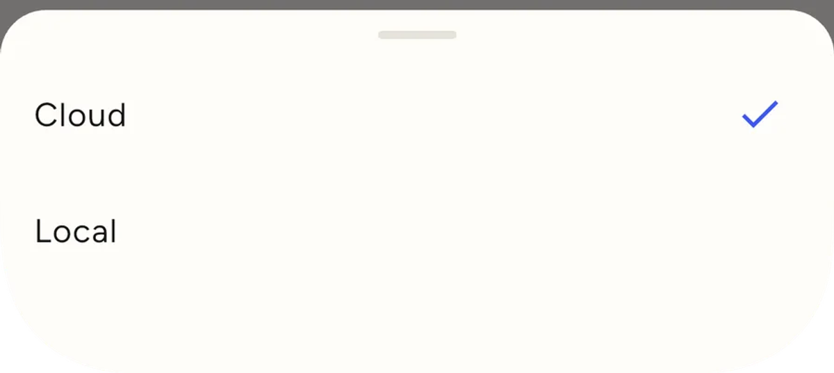 The delivery picker, showing two options: Cloud, with a blue tick, and Local.