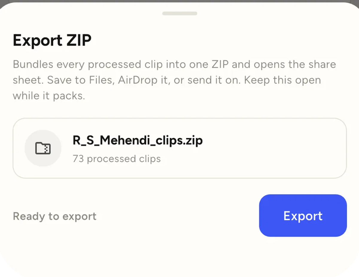 An Export ZIP sheet naming a zip file after the event, listing 73 processed clips, with a Ready to export label and an Export button.