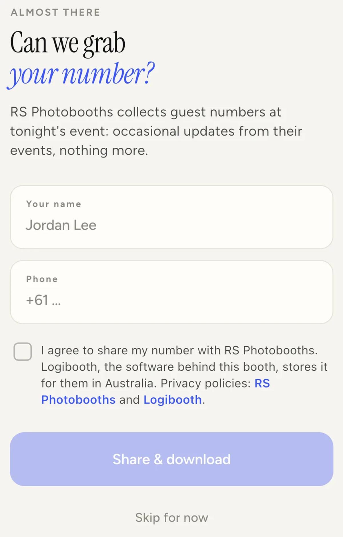 The guest-facing contact gate, asking "Can we grab your number?" with name and phone fields, a consent checkbox naming both businesses, and a Skip for now link.