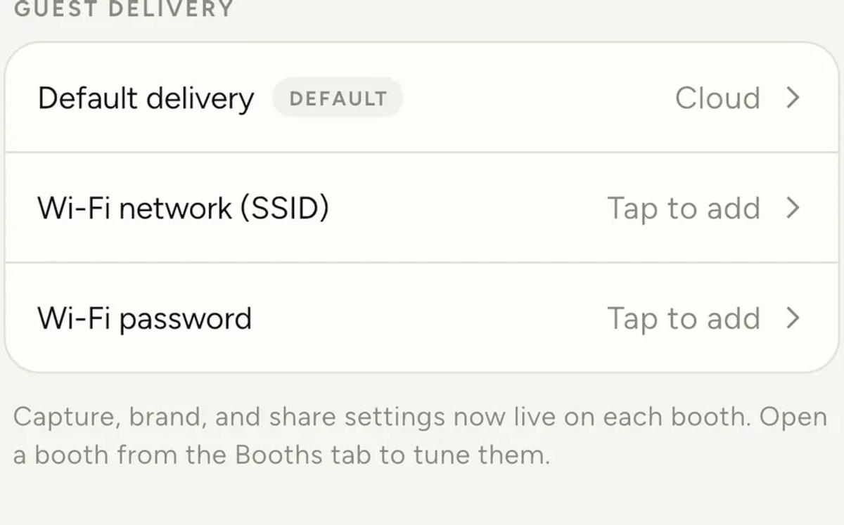 The Guest delivery section of an event's Settings tab, showing Default delivery set to Cloud, plus Wi-Fi network and Wi-Fi password fields.