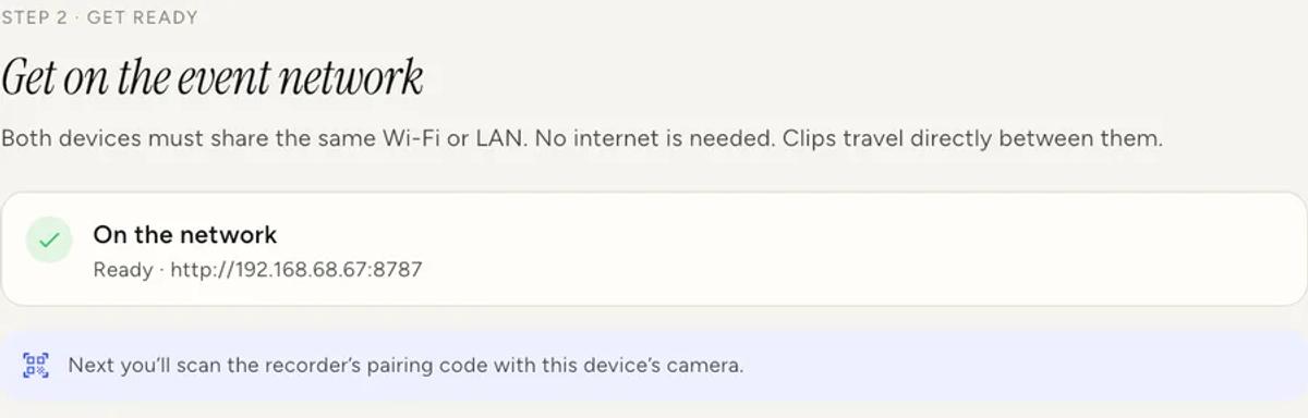 Step 2 of the wizard, showing a green tick reading "On the network, Ready" with a local address.