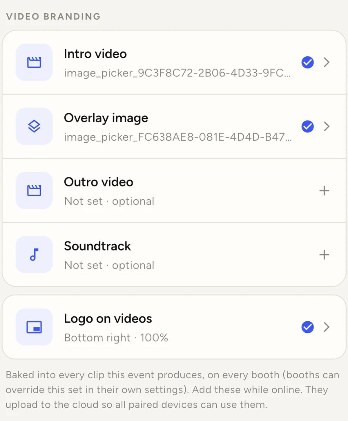 The Video branding list with the Intro video row reading Uploading, 100 per cent, next to a loading spinner.