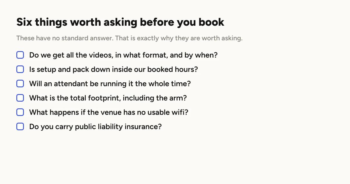 Checklist of six questions: do we get all the videos and by when, is setup inside our booked hours, will an attendant run it the whole time, what is the total footprint including the arm, what happens if the venue has no usable wifi, and do you carry public liability insurance.