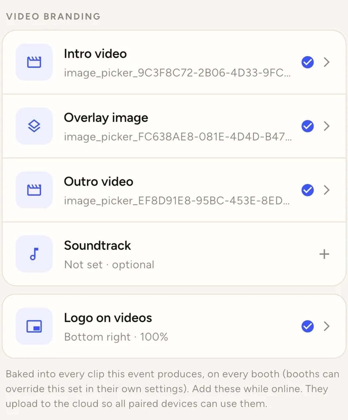 The Video branding list on an event's Branding tab, with Intro video, Overlay image and Outro video all set and showing blue ticks, and Soundtrack still reading Not set.