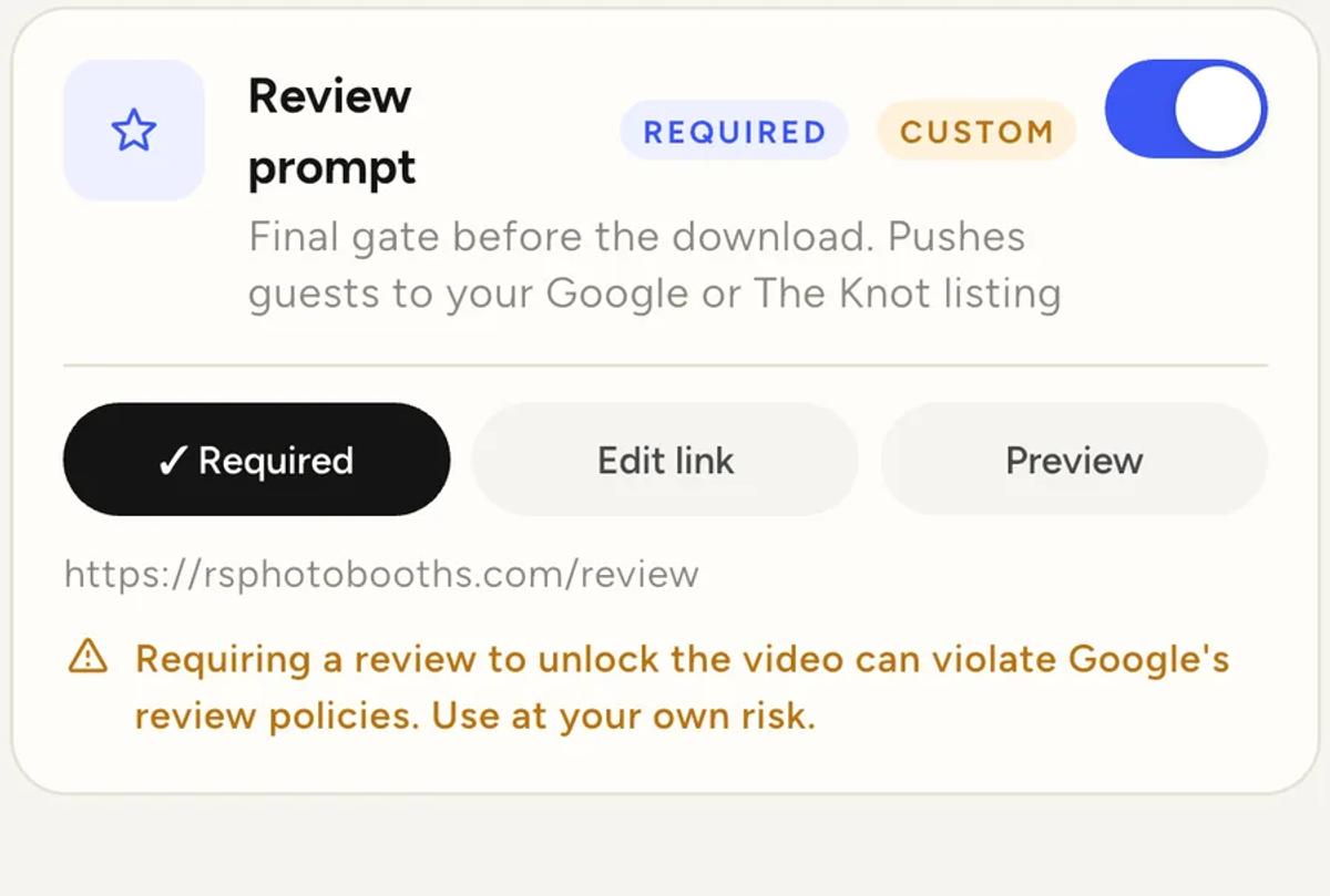 The review gate card marked REQUIRED, with an amber warning reading "Requiring a review to unlock the video can violate Google's review policies. Use at your own risk."