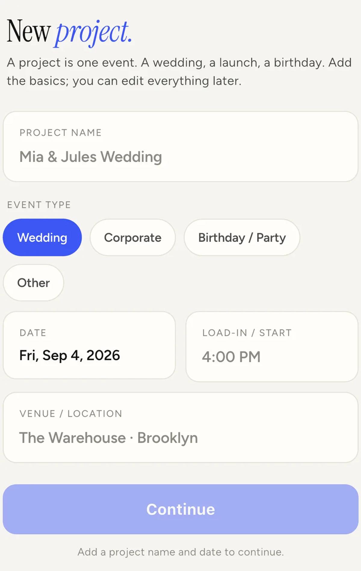 Step 1 of 2 of the new project flow, with fields for project name, event type, date, load-in time and venue.