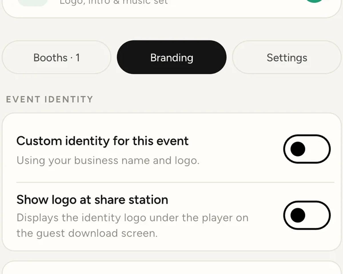 The Event identity section, with Custom identity for this event switched off and the caption "Using your business name and logo", plus a Show logo at share station toggle.