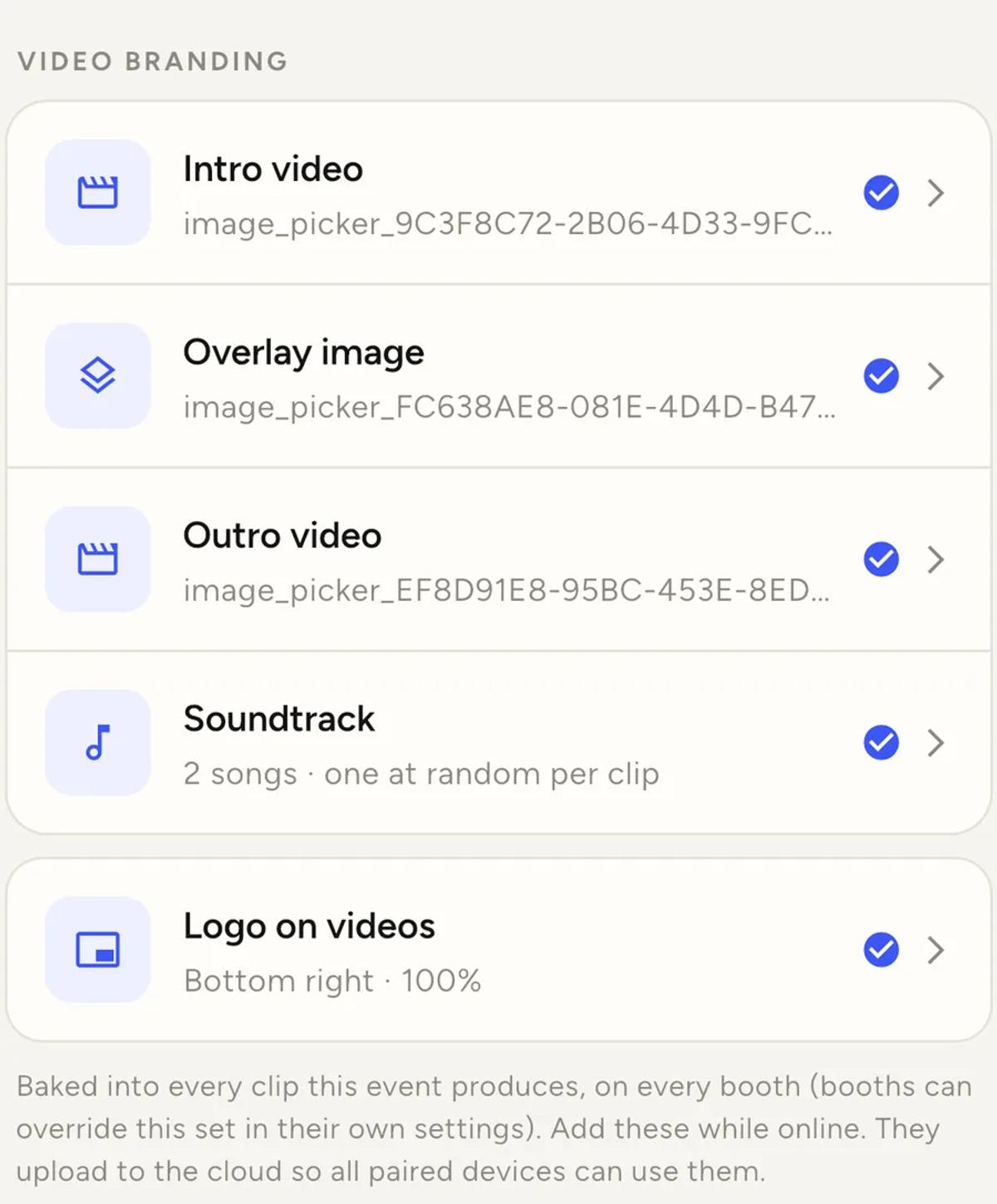 The Video branding list on an event, with Intro video, Overlay image and Outro video set, and the Soundtrack row reading 2 songs, one at random per clip.