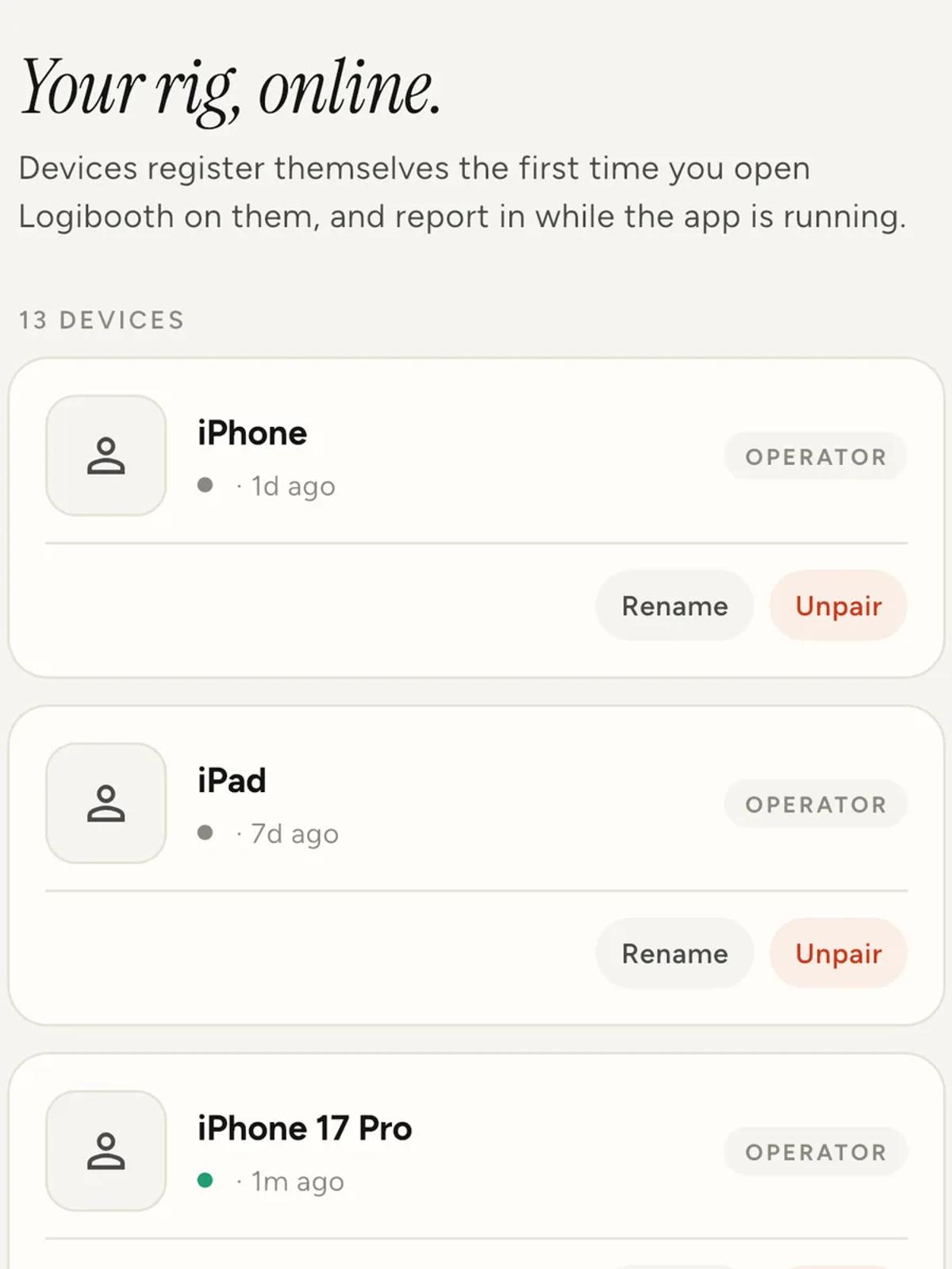 A connected devices list headed "Your rig, online", showing devices with a last-seen time, an operator badge, and Rename and Unpair buttons.