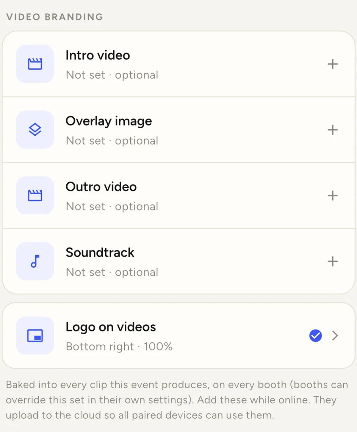 The Video branding list on an event's Branding tab: Intro video, Overlay image, Outro video and Soundtrack all read Not set, and Logo on videos reads Bottom right, 100 per cent.