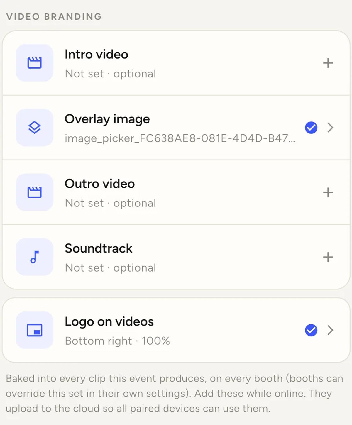 The same list after an overlay has been chosen. The Overlay image row now shows a long file name and a blue tick instead of Not set.