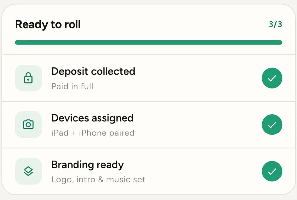 A Ready to roll card showing 3 of 3, with Deposit collected, Devices assigned and Branding ready all ticked.
