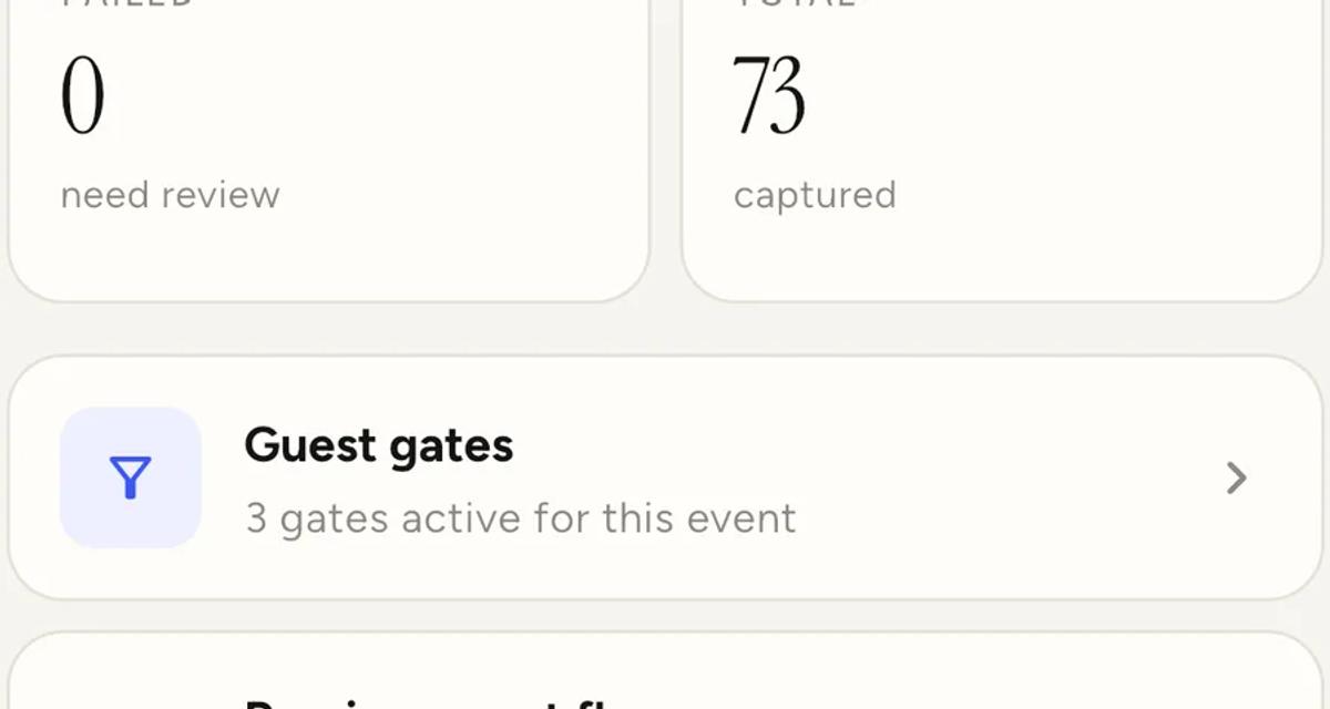 The Guests tab of an event, showing a Guest gates row and a Preview guest flow row.