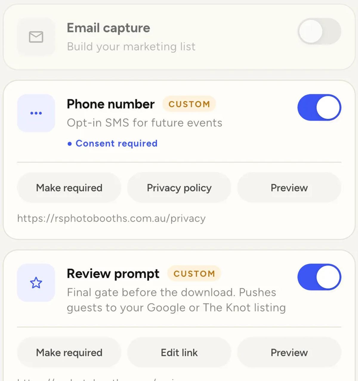 Two gate cards: Email capture switched off, and Phone number switched on showing Make required, Privacy policy and Preview buttons with a privacy URL underneath.