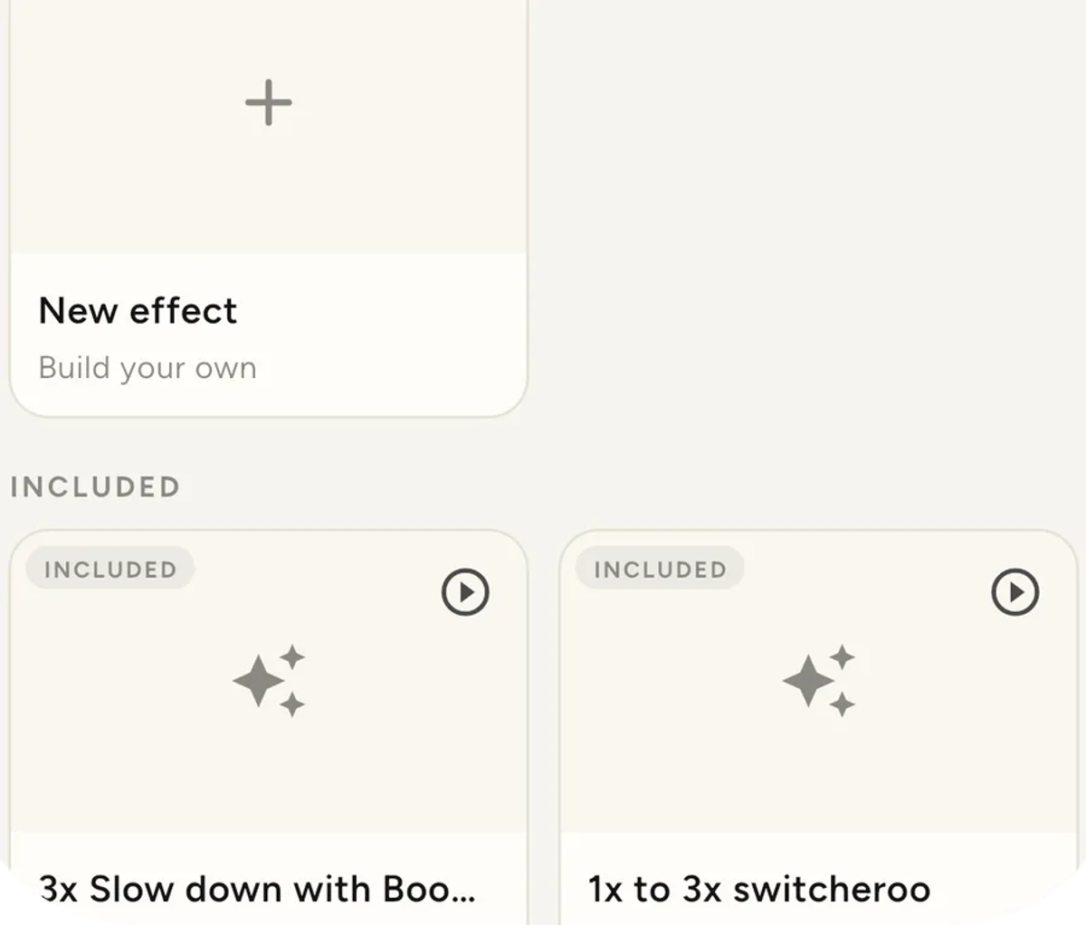 The Effects tab, showing a My effects section with custom effects and a New effect card, above an Included section.