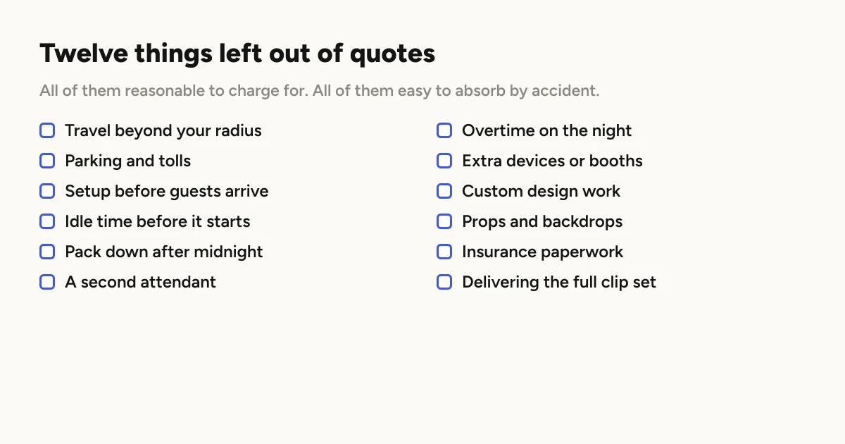 Checklist of twelve things often left out of a quote: travel beyond a set radius, parking and tolls, setup before guests arrive, idle time between setup and start, pack down after midnight, a second attendant, overtime, extra devices, custom branding design, printed props or backdrops, insurance certificates for a venue, and delivering the full clip set afterwards.