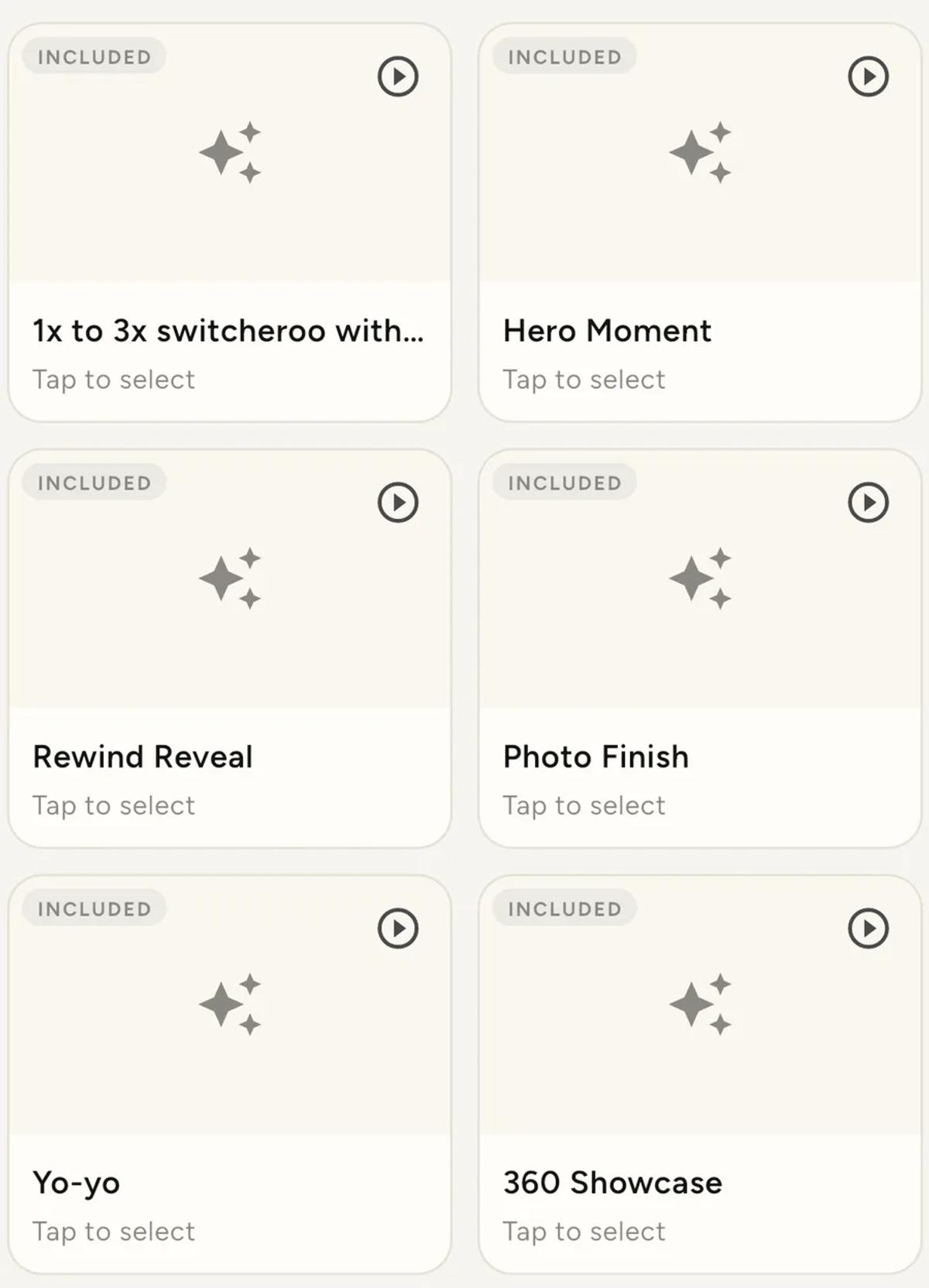 A grid of included effects: 1x to 3x switcheroo with Boomerang, Hero Moment, Rewind Reveal, Photo Finish, Yo-yo, 360 Showcase and Warp Rewind.