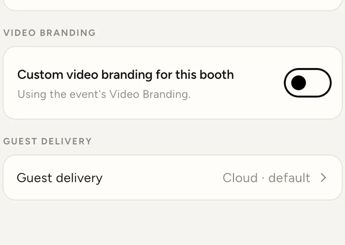 The booth's Video branding section, with Custom video branding for this booth switched off and the caption "Using the event's Video Branding", above a Guest delivery row.