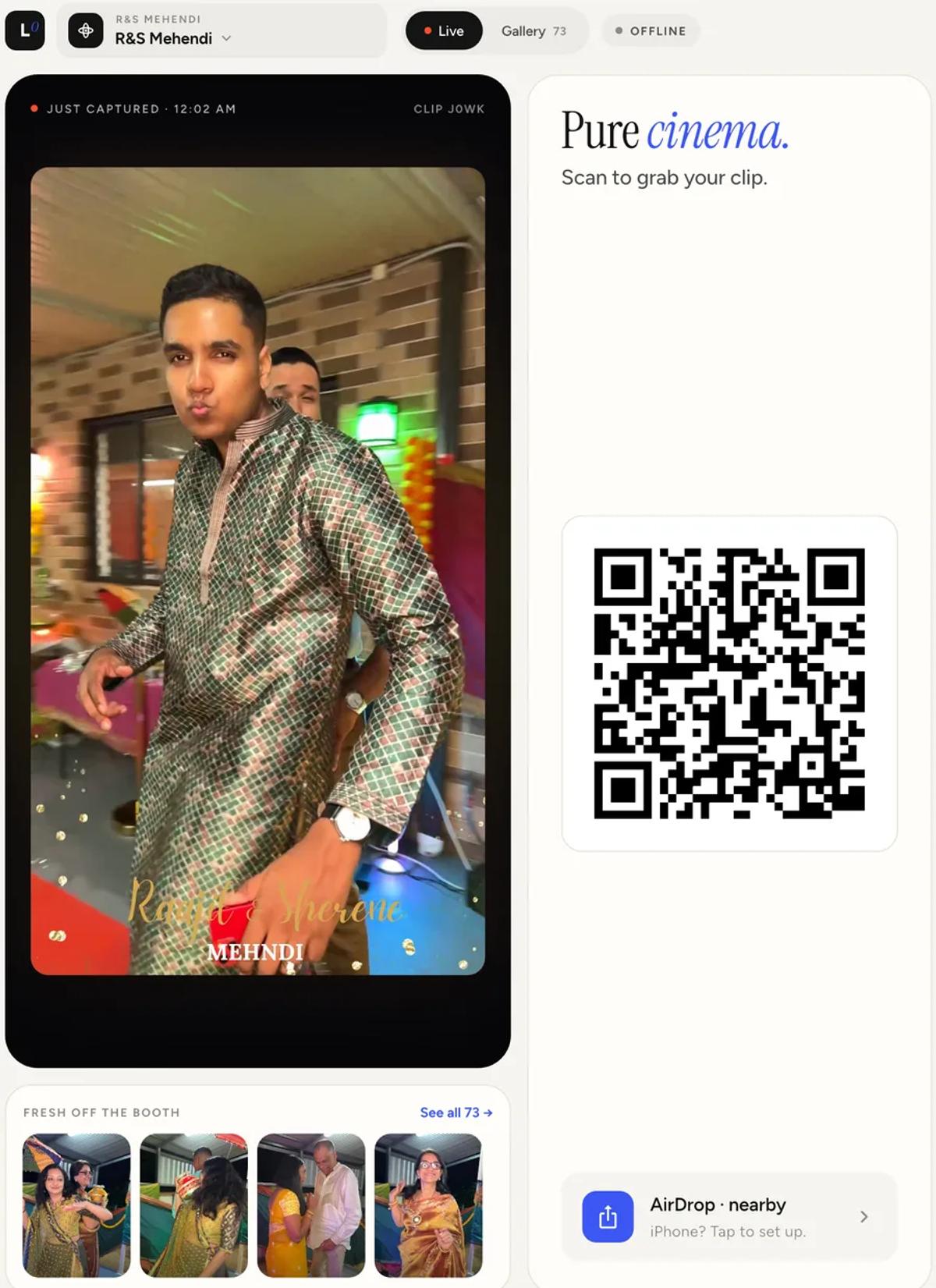 The Share Station in Live view, playing a clip on the left with a headline and QR code on the right, and a strip of recent clips along the bottom.