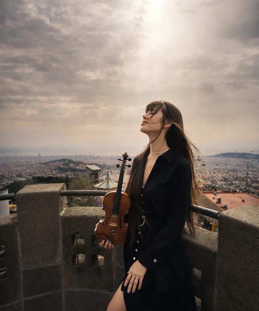 Astrid Torrente con violín en un mirador de Barcelona, con la ciudad al fondo