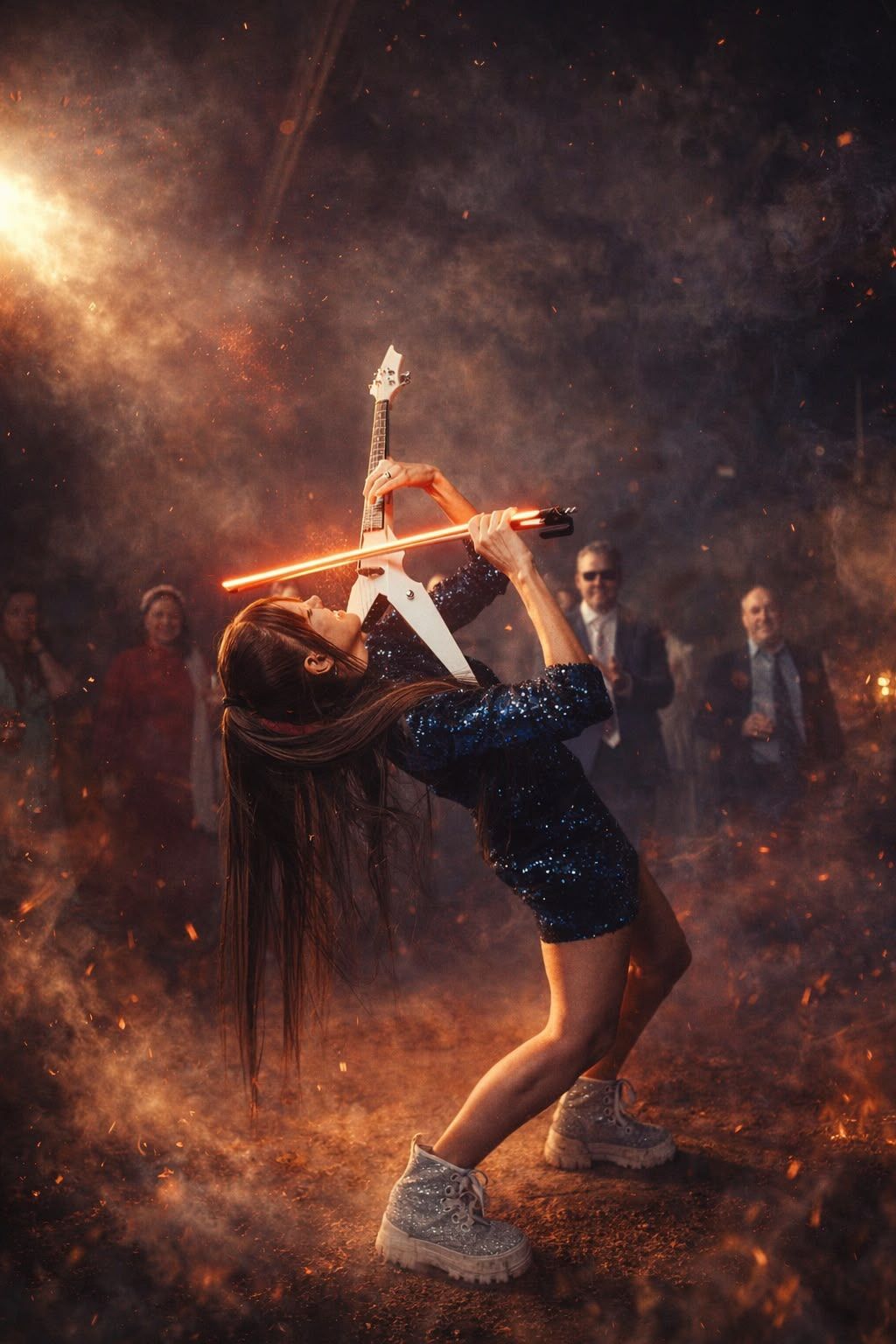Astrid Torrente actuando con violín eléctrico y arco LED durante el baile de una boda