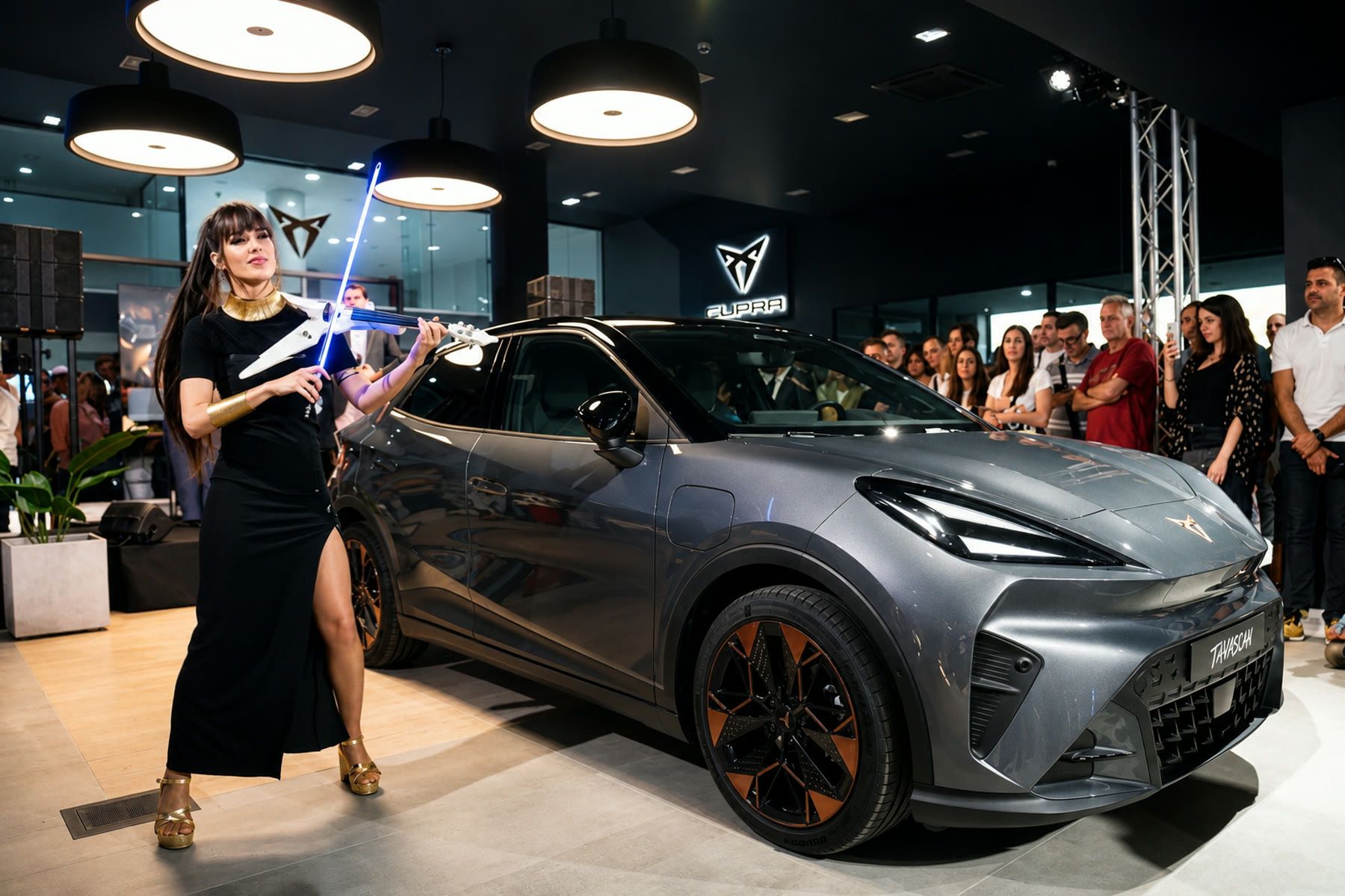 Astrid Torrente tocando el violín eléctrico LED junto a un coche durante la presentación de una marca de automoción