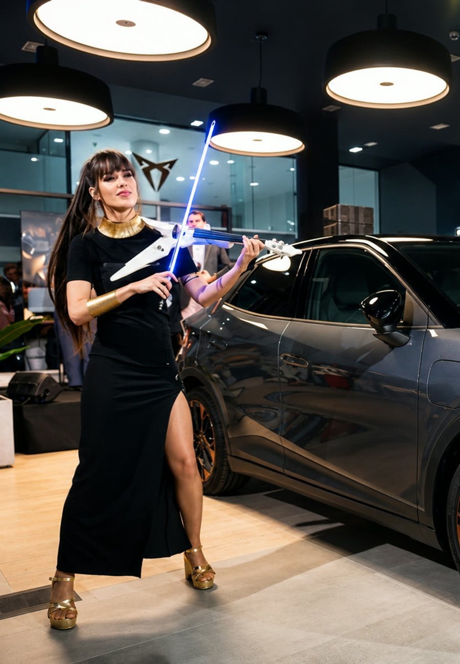 Astrid Torrente tocando el violín eléctrico LED junto a un coche durante la presentación de una marca de automoción