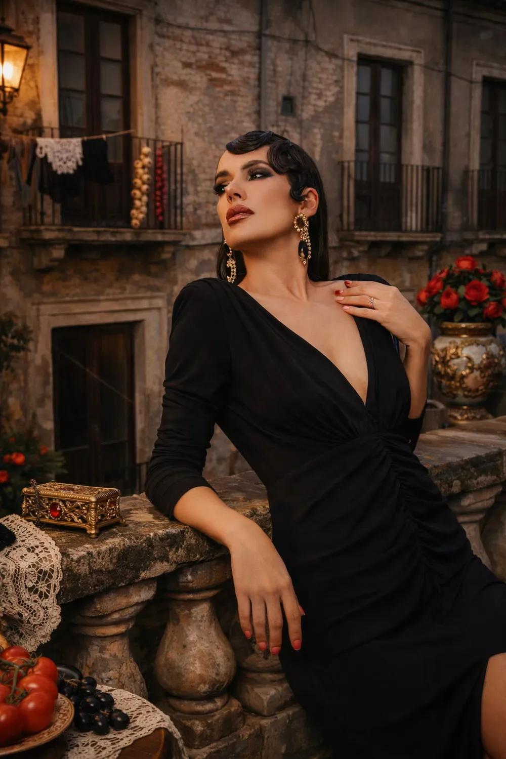 Astrid Torrente en una sesión de fotos con vestido negro en un entorno elegante