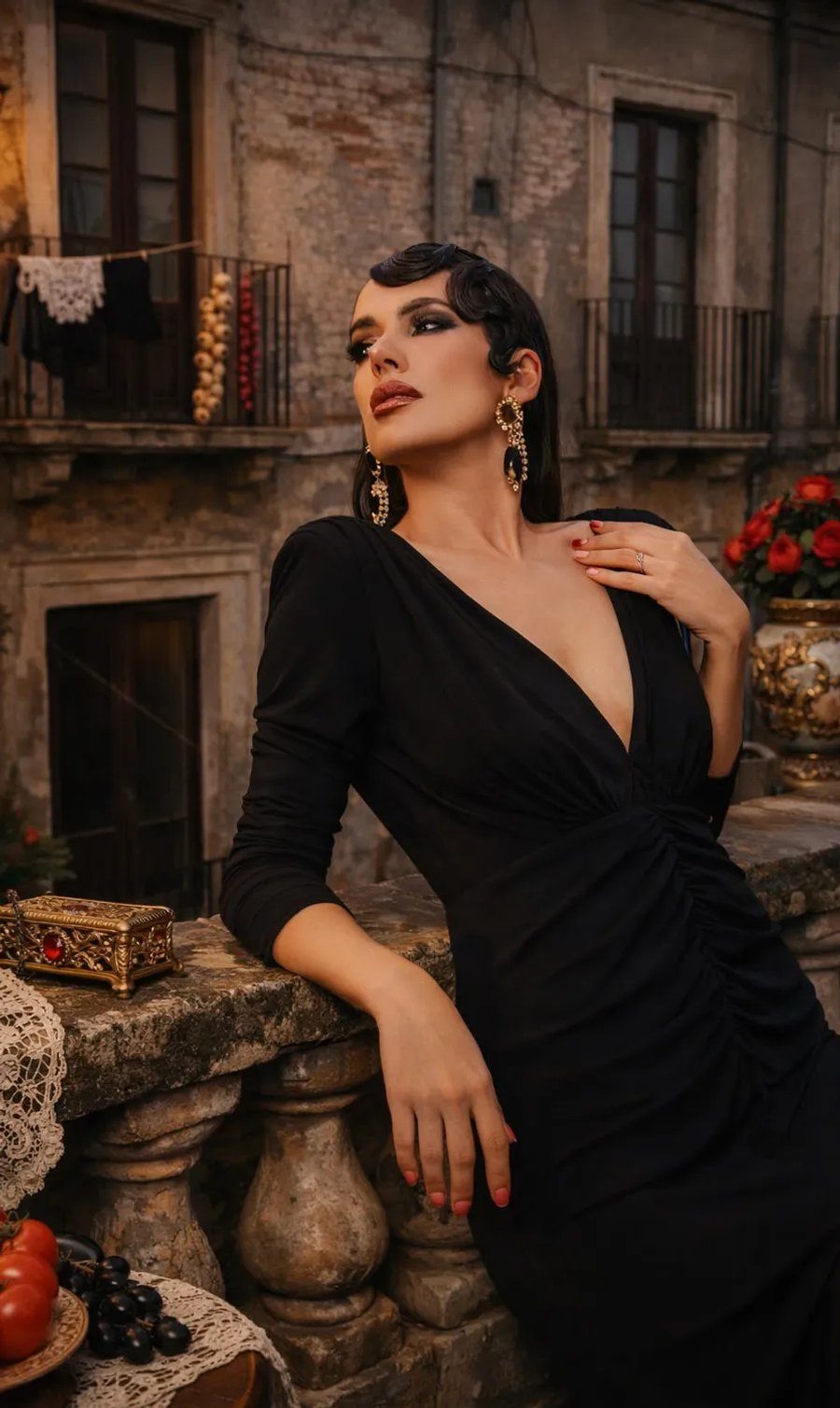 Astrid Torrente en una sesión de fotos con vestido negro en un entorno elegante