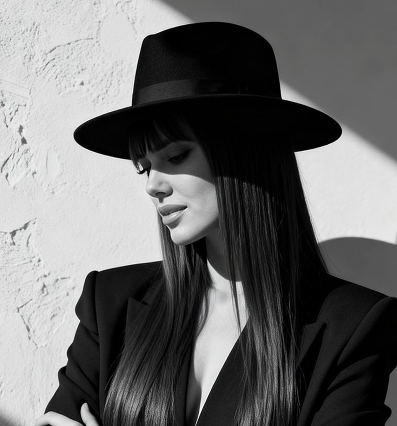 Retrato en blanco y negro de Astrid Torrente con sombrero de ala ancha, mirando hacia abajo