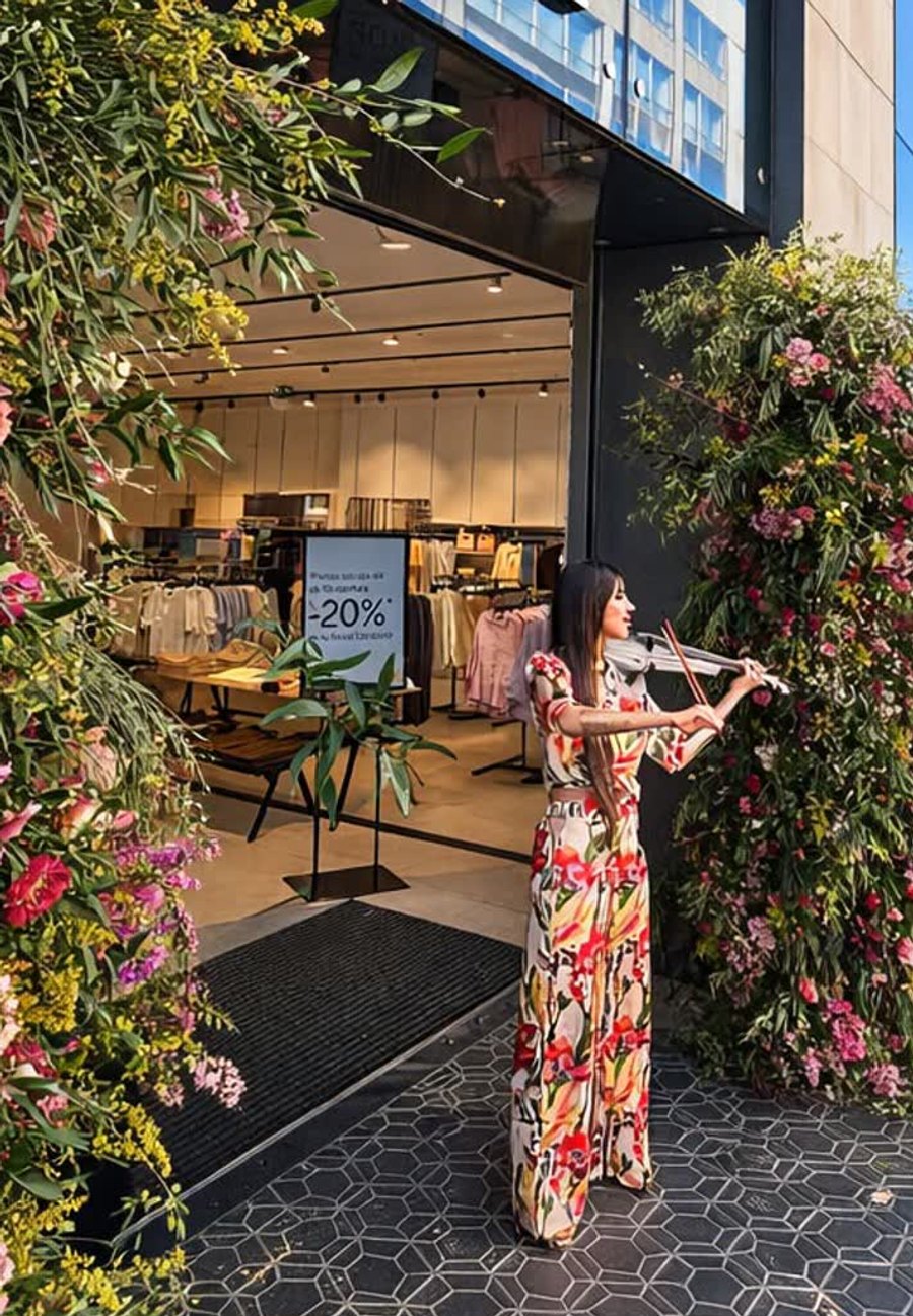 Astrid Torrente tocando el violín en la fachada de una tienda decorada con flores durante una activación de marca