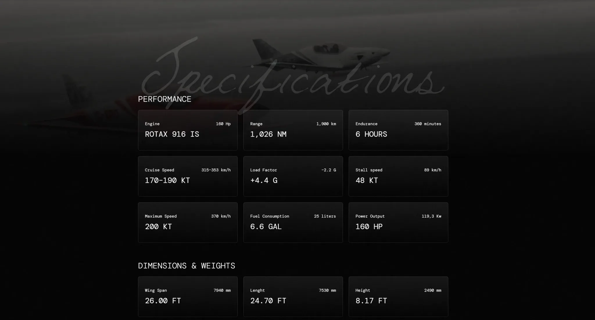 Specifications section with performance tiles: Rotax 916 IS engine, 1,026 NM range, 6 hours endurance, 170–190 KT cruise speed