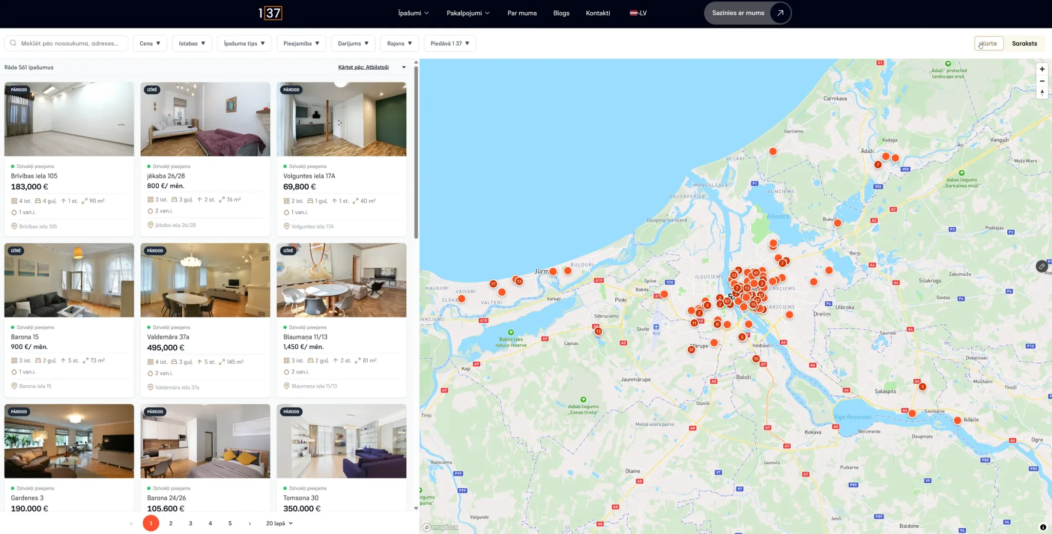 1:37 property search: list of apartments with filters on the left, Mapbox map of Riga with clustered property markers on the right