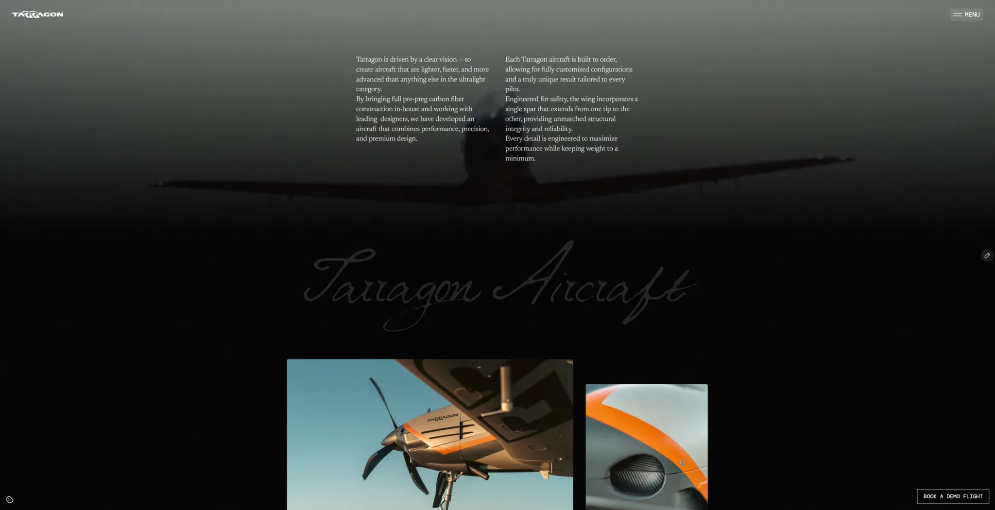 About section: two columns of text over a darkened aircraft photo, a script Tarragon Aircraft title and close-up product photography