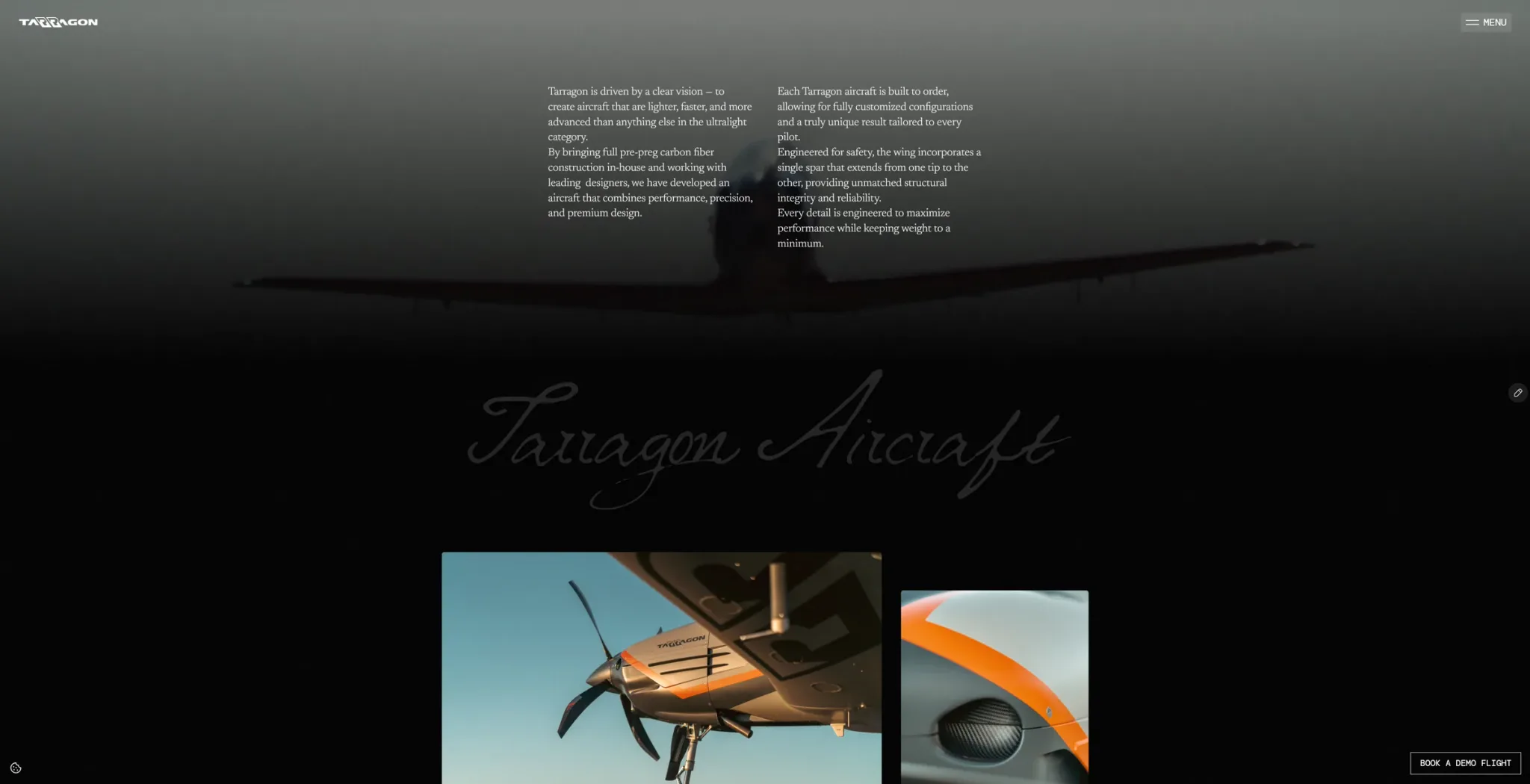 About section: two columns of text over a darkened aircraft photo, a script Tarragon Aircraft title and close-up product photography