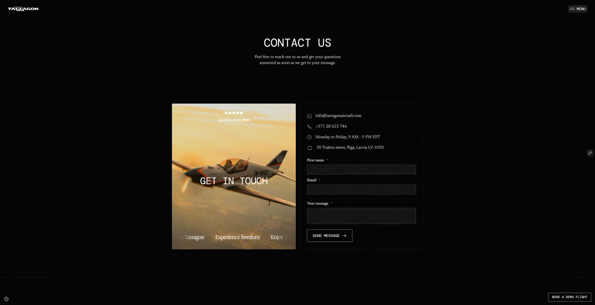 Contact page with a Get in touch image card and a short form: first name, email and message