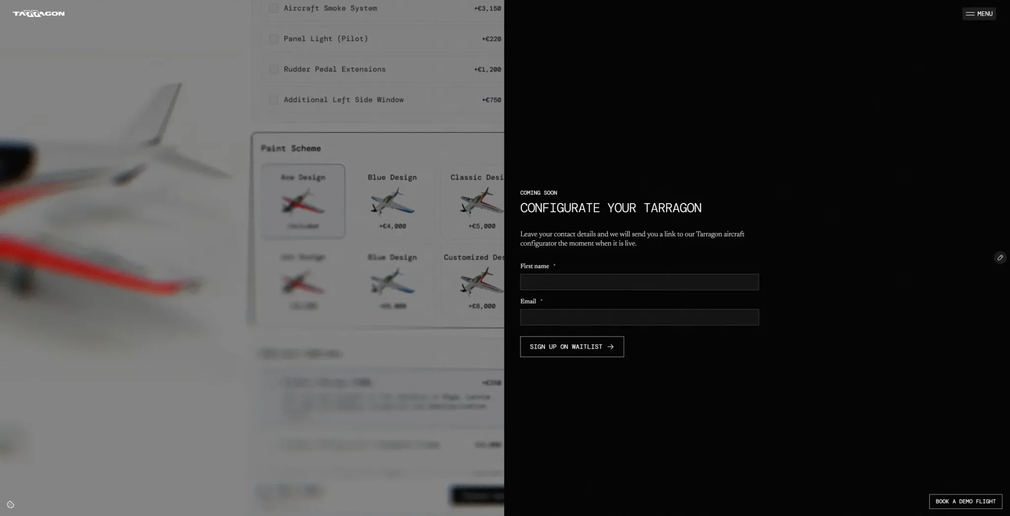 Configurator coming-soon page: a blurred preview of paint schemes and options on the left, a waitlist form on the right