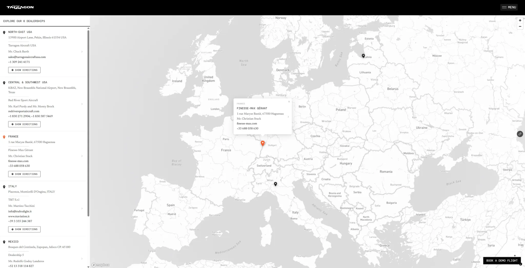 Dealerships page: list of six dealerships on the left, Mapbox map of Europe on the right with a France dealership popup open