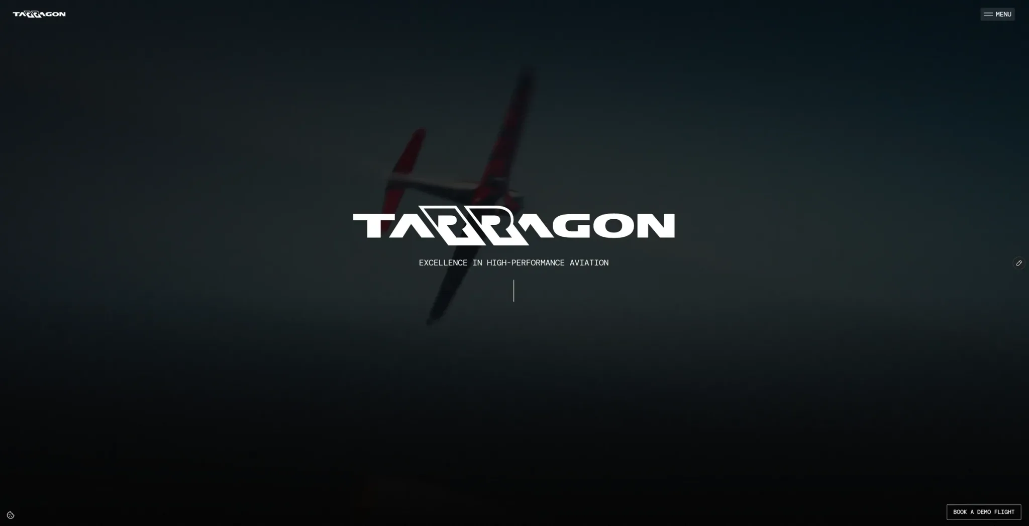 Tarragon website hero: the Tarragon wordmark over a video of the aircraft in flight, with a Book a demo flight button