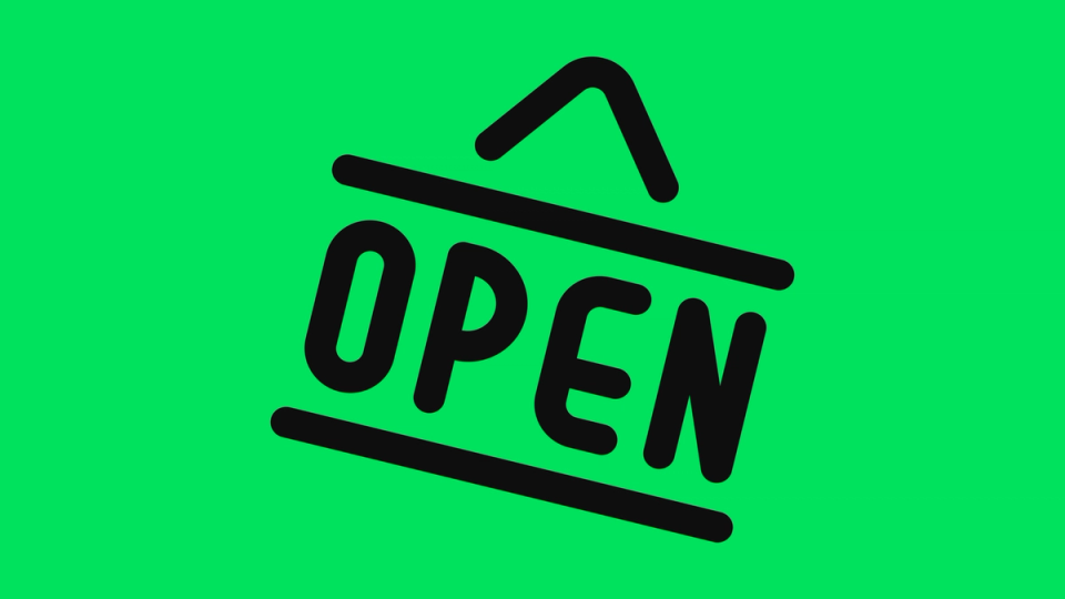 A hanging 'Open' sign illustration on a green background