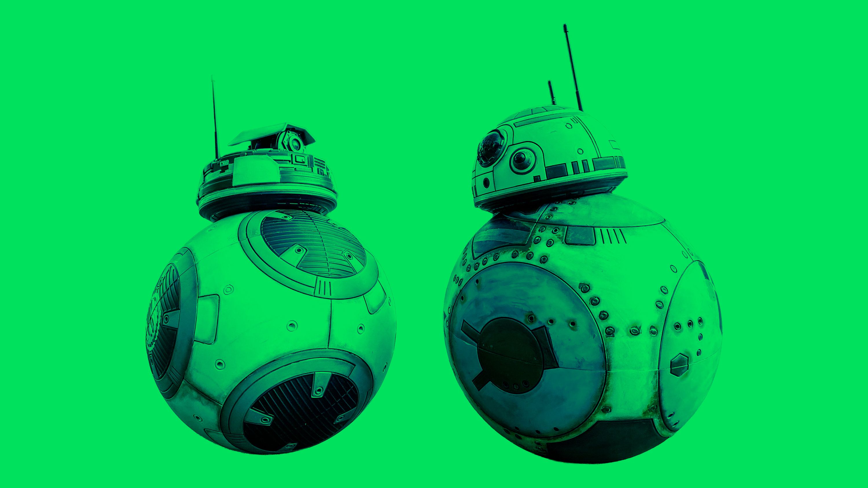 Two BB-8-style Star Wars droids tinted green against a green background