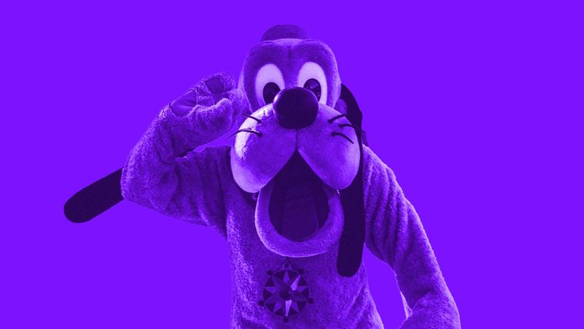 Pluto waving, on a purple background