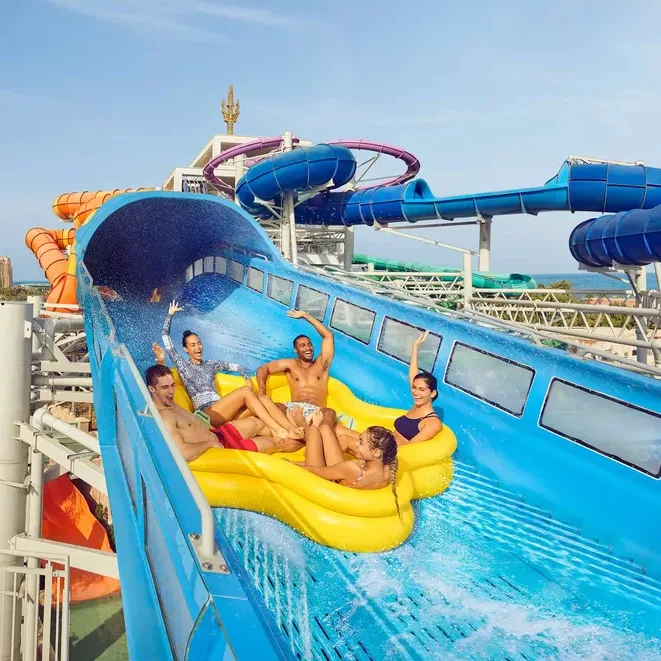 Atlantis Aquaventure waterpark with large slides and Atlantis hotel in background