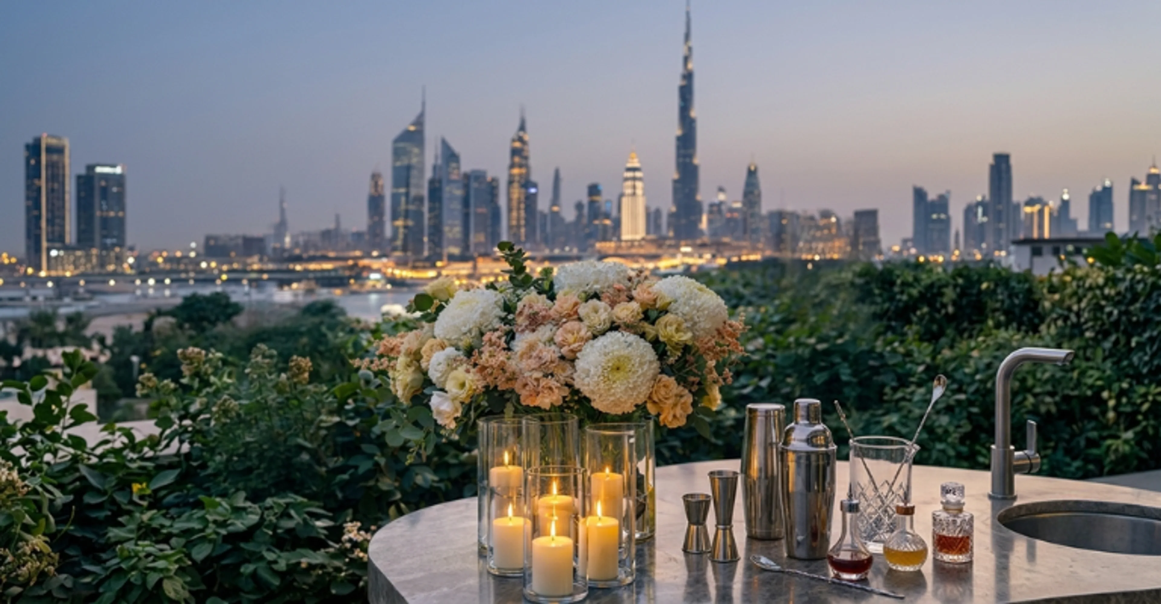 Dubai skyline with the Burj Khalifa at dusk